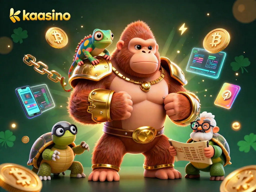 Experience the thrill of kaasino with a vibrant 3D illustration showcasing a gorilla king and crypto elements.