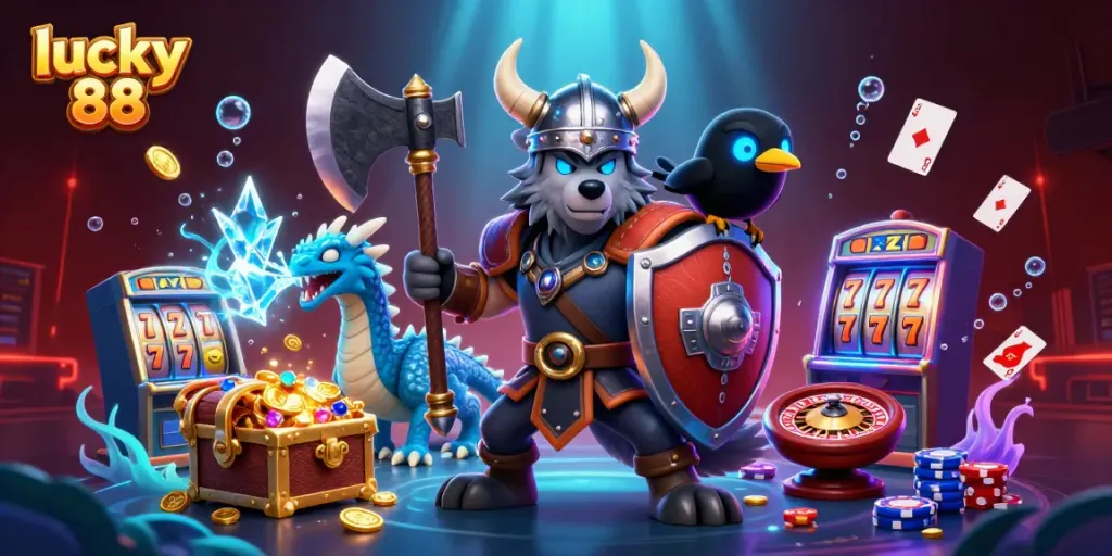 Spin to win big at lucky 88 with the exciting Viking scene featuring slot machines and sparkling treasures.