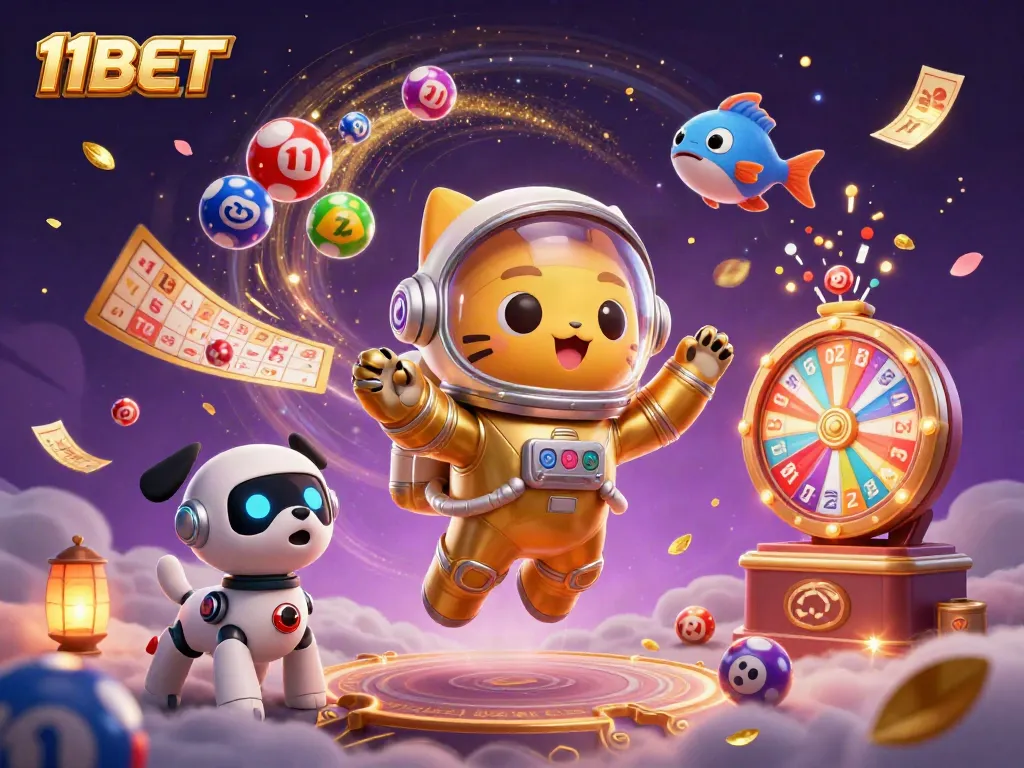 Experience the excitement of 11BET with colorful lottery balls and dynamic casino elements in a vibrant scene.