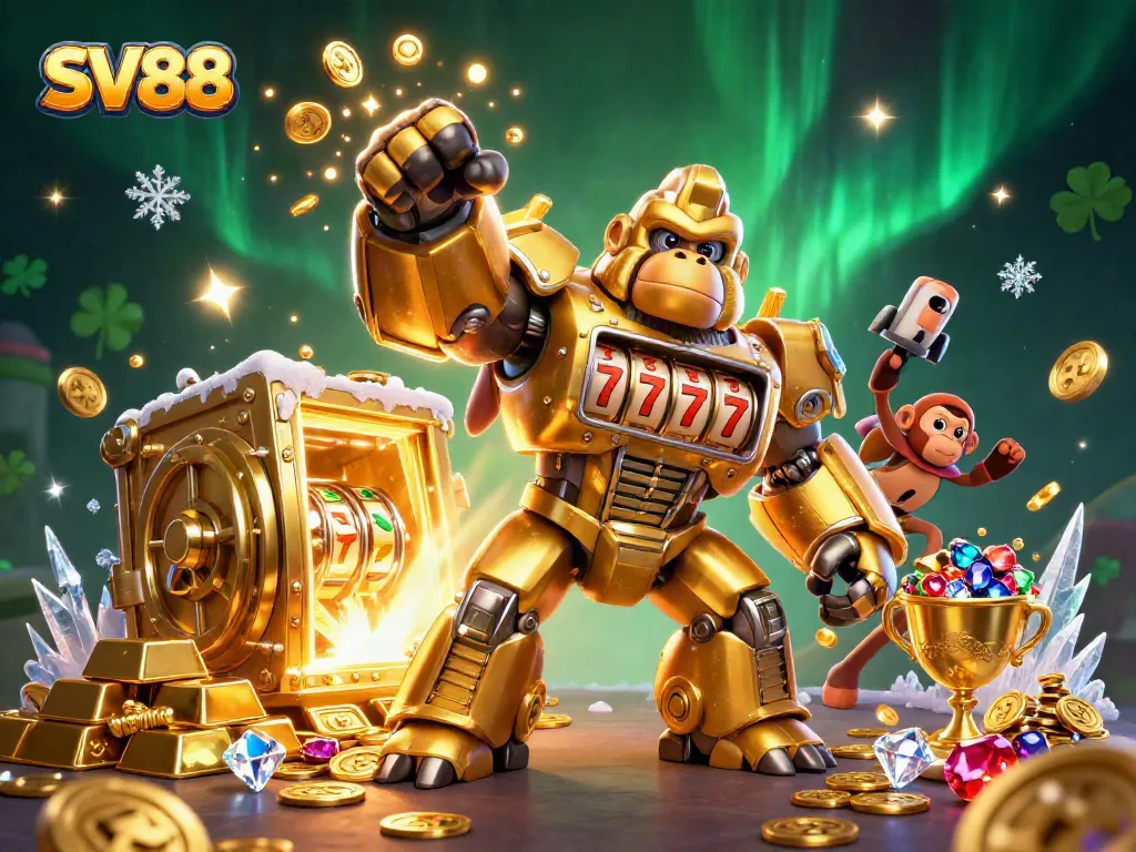SV88 golden gorilla mech slots action with coins and treasures bursting out