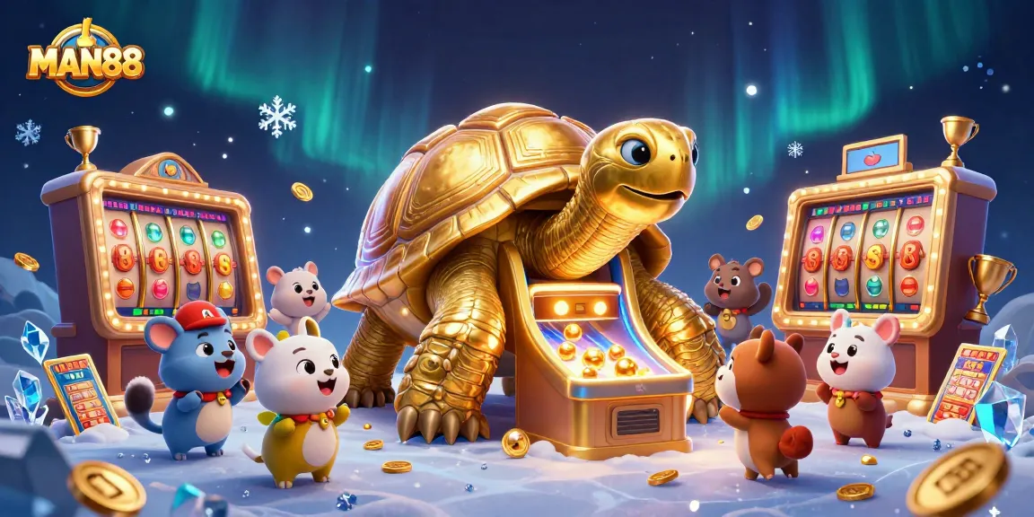 MAN88 players engage with a colossal golden tortoise slot machine, creating a fun gambling atmosphere.