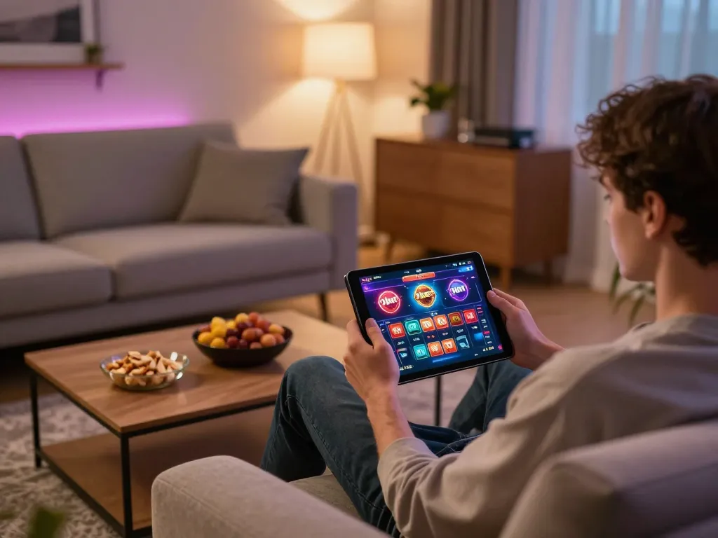 Player enjoying a thrilling moment on the 9bet mobile casino app with snacks in a cozy setting