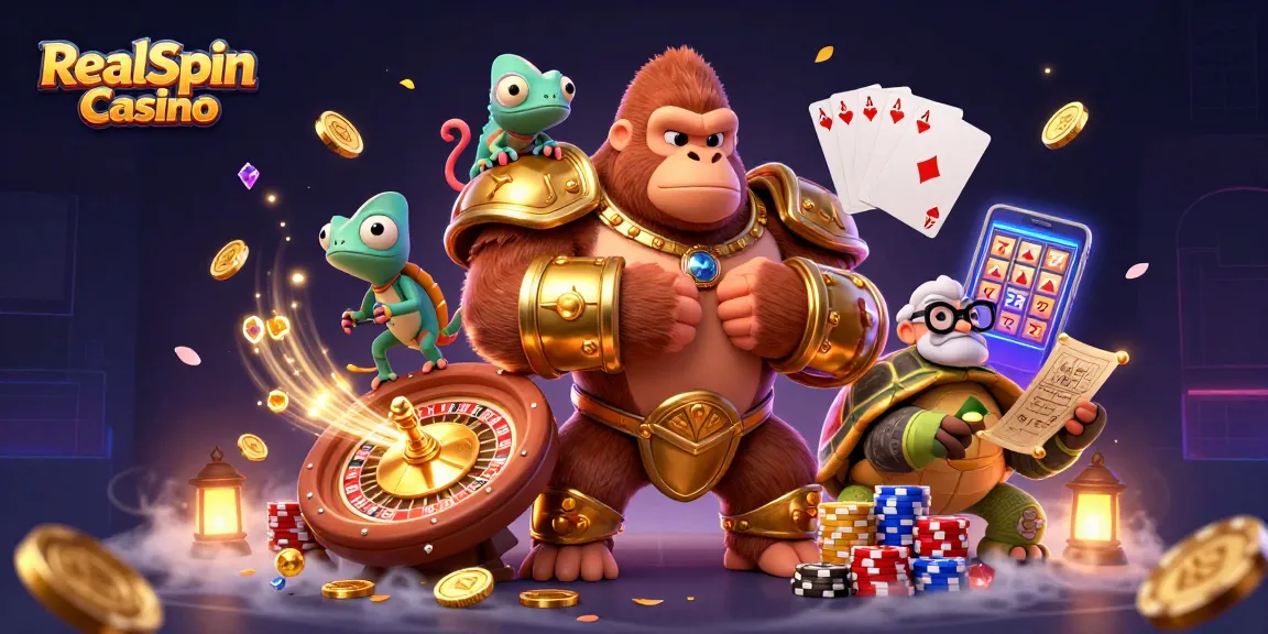 Beleef de opwinding van RealSpin Casino met een krachtige gorilla in gouden harnas en dynamische casino-elementen.