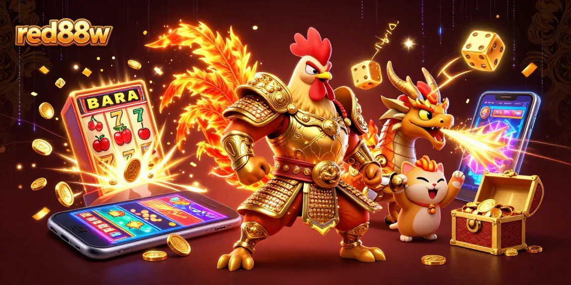 Experience excitement with red88w as cartoon warriors celebrate jackpot wins amidst vibrant casino elements.