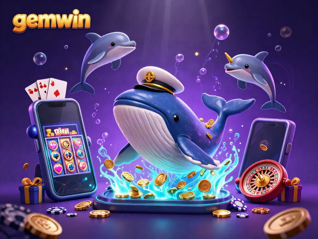 Catch incredible wins with gemwin, featuring whales, coins, and playful dolphins in a rich underwater casino setting.