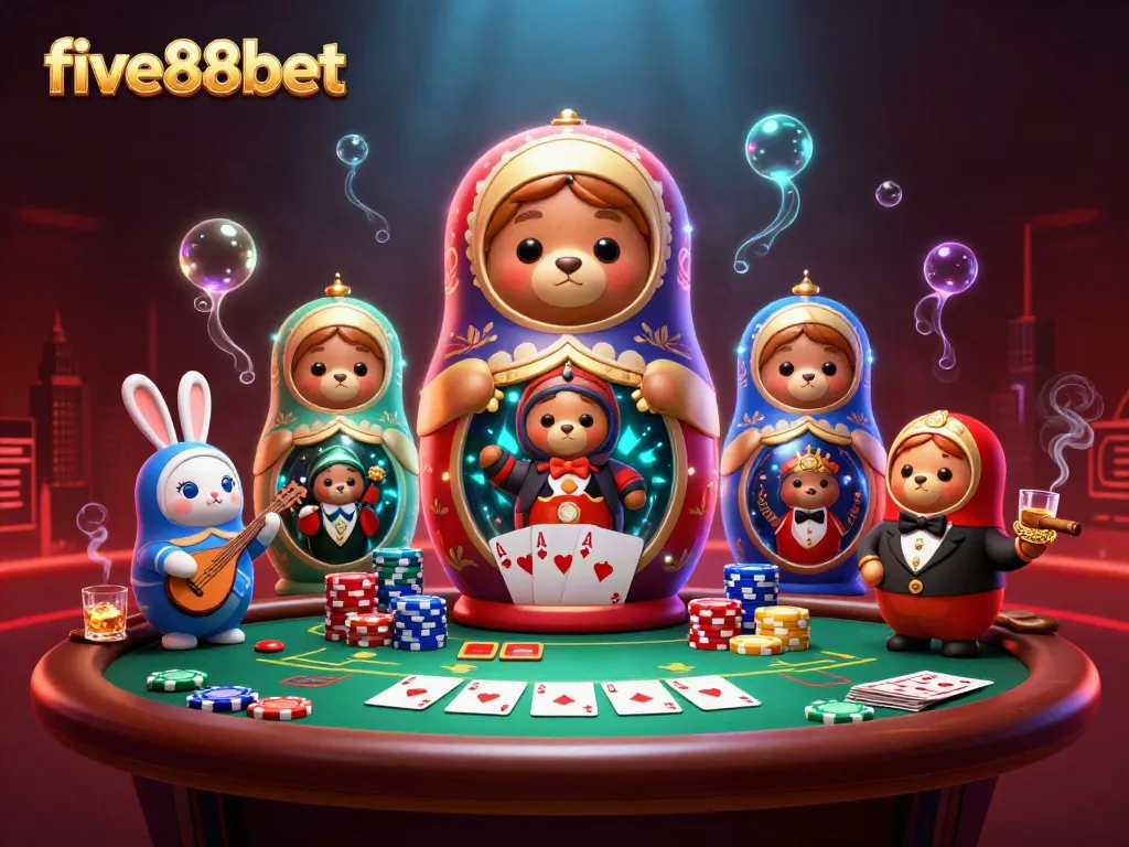Engage with five88bet's vibrant 3D casino world featuring a Matryoshka bear and poker dynamics.