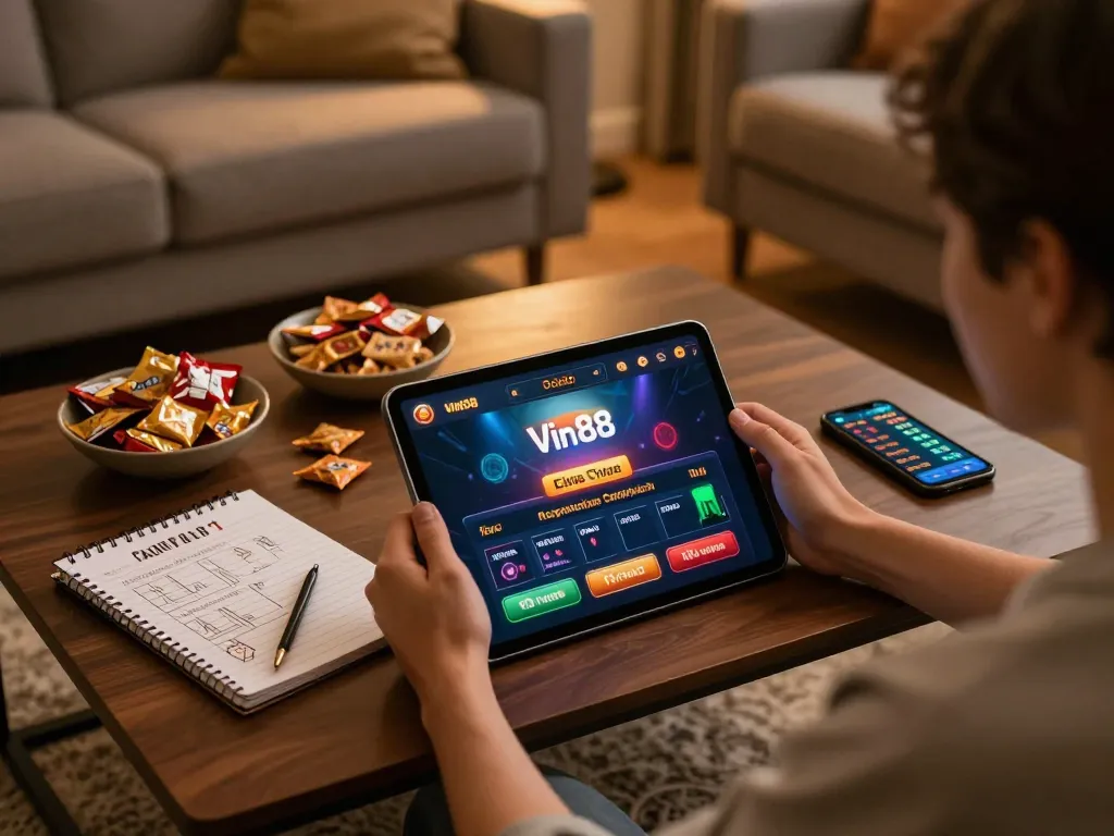 Engaging with Vin88 casino app on a tablet in a cozy living room setup with snacks.