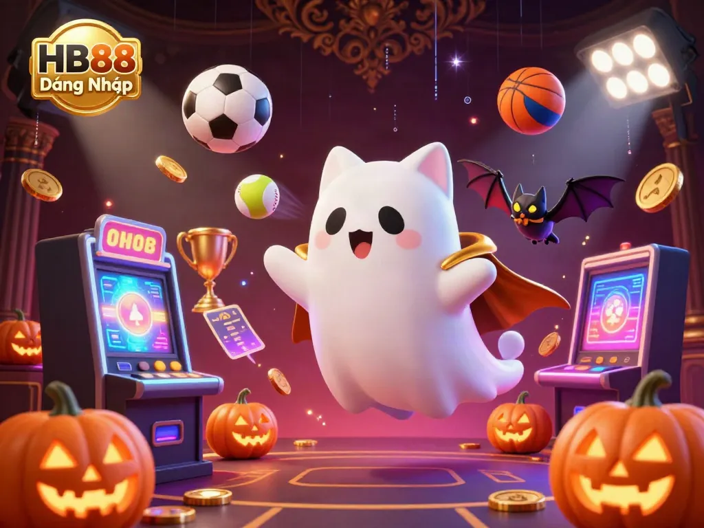 Engage with thrilling gameplay at HB88 Đăng Nhập, featuring a ghost cat and bat in a haunted casino.