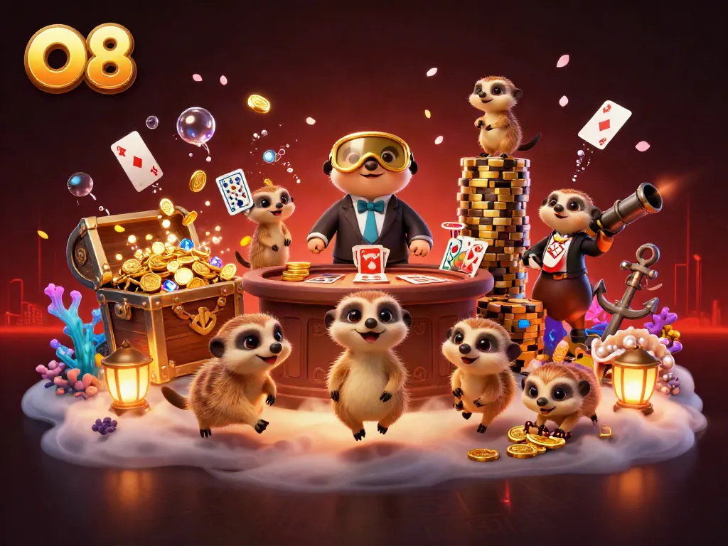 O8 meerkat casino scene shows action with dealers, treasure and vibrant visuals.