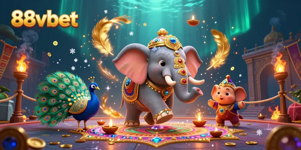 Engage with 88vbet's dynamic online casino featuring vibrant elephant and peacock elements in a festive atmosphere.