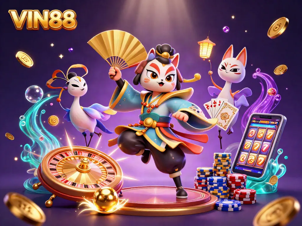 Experience thrilling gameplay with VIN88's vibrant 3D casino scene featuring kabuki warrior and lively elements.