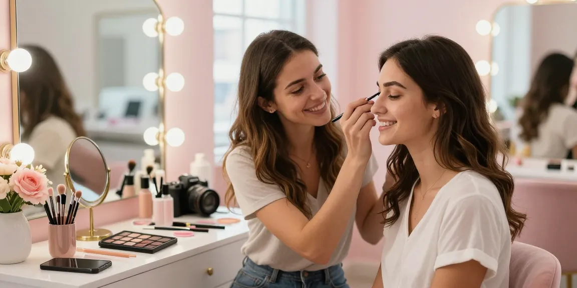 Permanente make-up wenkbrauwen worden aangebracht in een heldere, chique studio, die schoonheidstransformatie en empowerment laat zien.