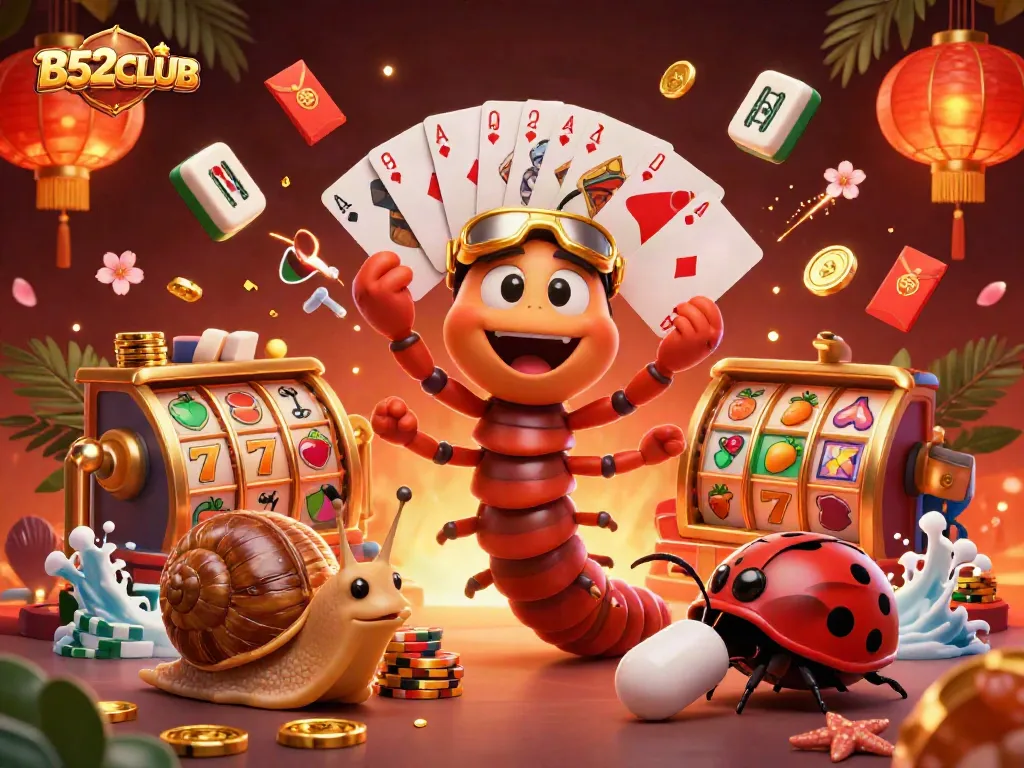 B52CLUB features a cartoon dealer and characters in a vibrant casino scene with slot reels.