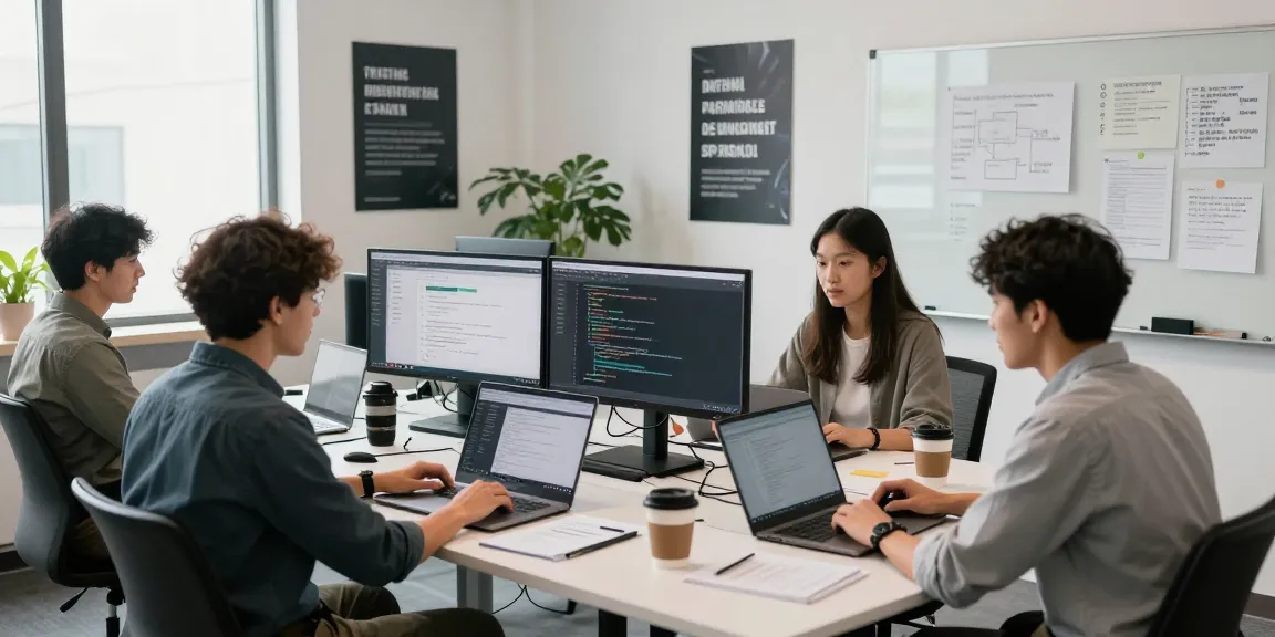 Team collaborating to build internal tools with AI in a modern office environment, showcasing dynamic software development.