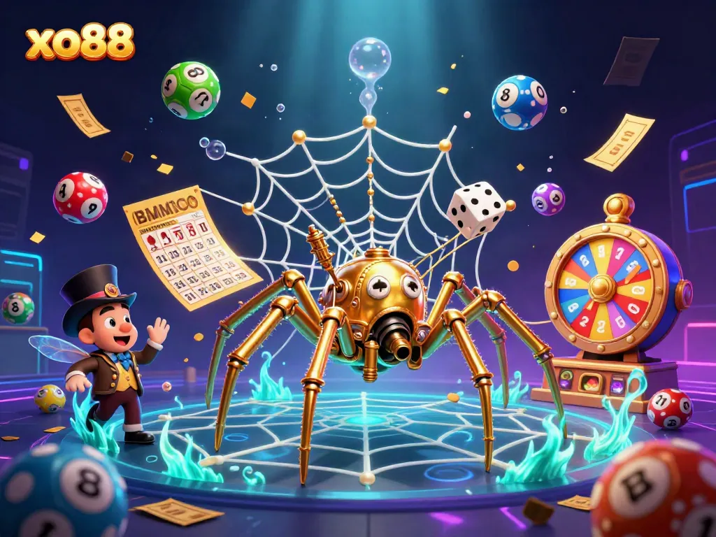 Experience the thrilling world of xo88 as a golden spider spins its web of chance with vibrant lottery balls.