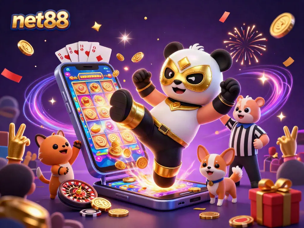 Experience net88 excitement with a dynamic casino scene featuring thrilling games and lively characters.