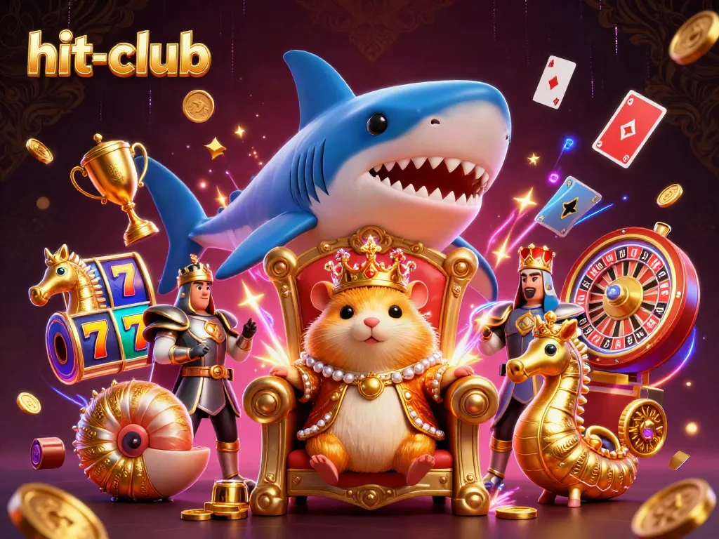 Experience exciting wins at hit-club with golden hamster king and dynamic slots illustration.