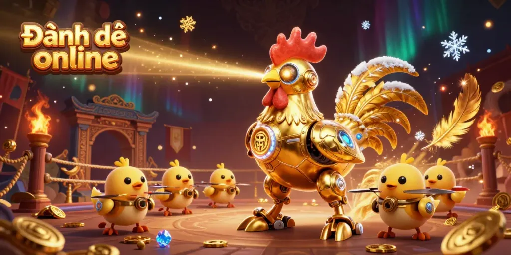 Engage in Đánh đề online with a vibrant 3D scene featuring a dynamic golden rooster robot and baby chick drones.
