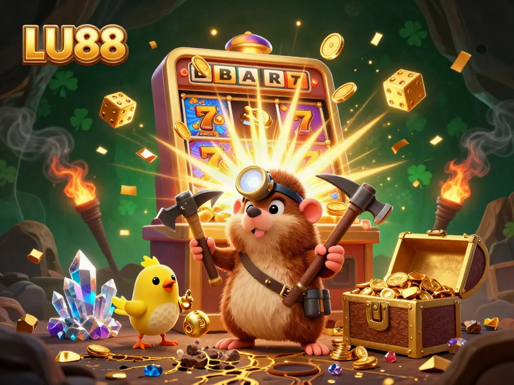 LU88 captivates with a vibrant 3D treasure hunt scene showcasing exhilarating casino gaming elements and dynamic action.