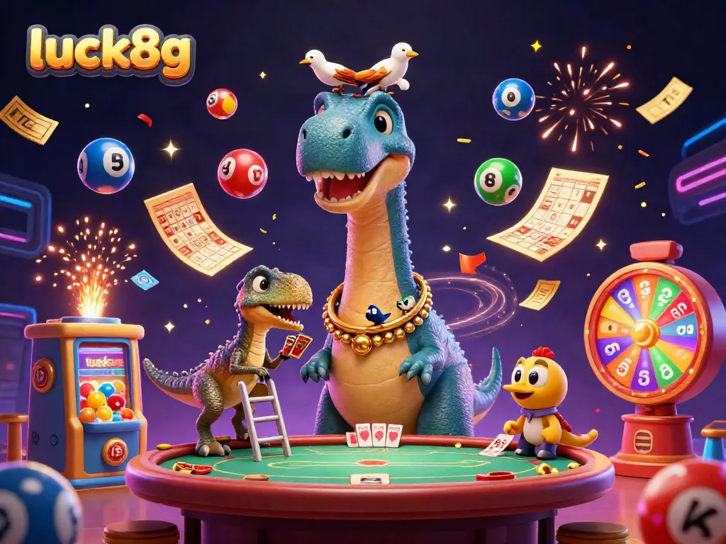Experience exciting gaming at luck8g with a brontosaurus overseeing the cheerful casino atmosphere.
