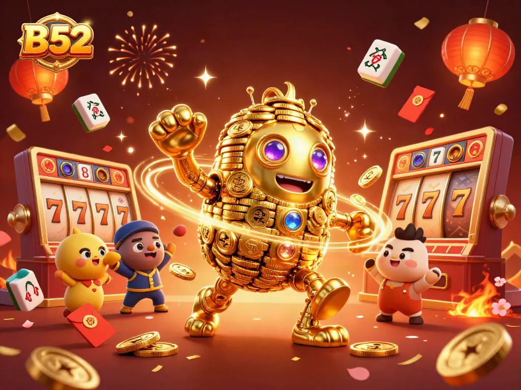 B 52 offers exciting slot games featuring vibrant symbols and golden golem characters in action.