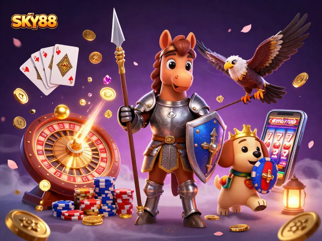 Engage in thrilling casino games at SKY88, featuring majestic characters and dynamic casino elements.