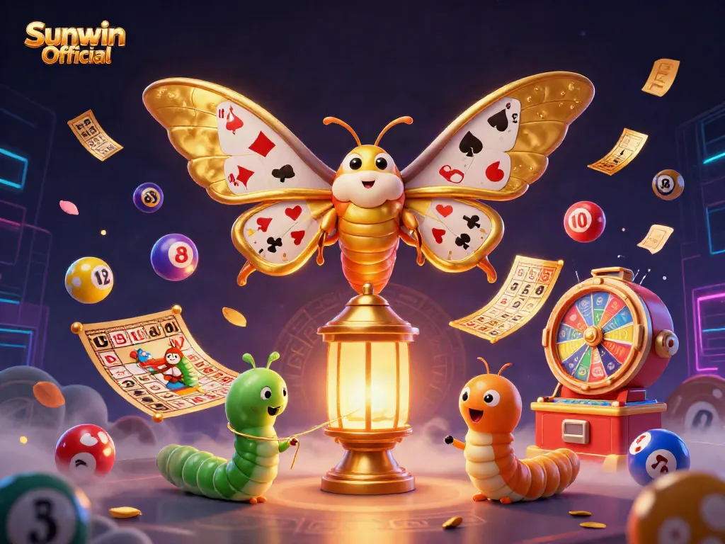 Engage with Sunwin Official's vibrant casino games featuring a majestic moth and colorful lottery elements.