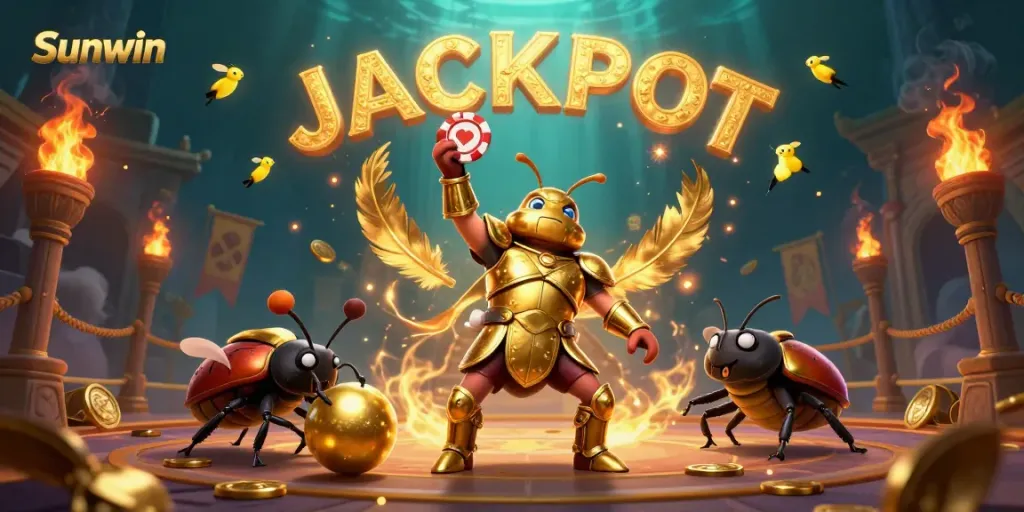 Sunwin jackpot scene with hercules beetle celebrating victory surrounded by casino elements.
