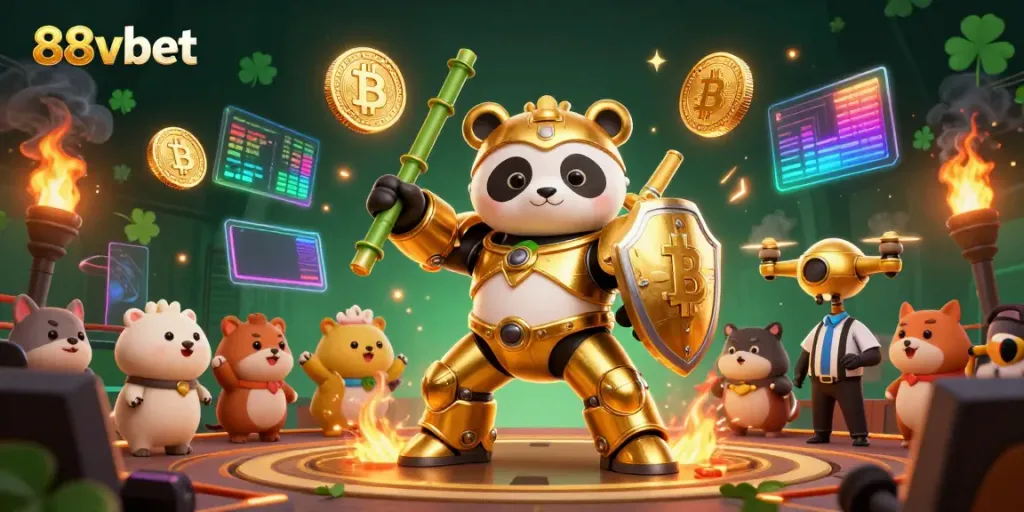 Experience the exciting world of 88vbet with a mech-suit panda in a vibrant casino scene.