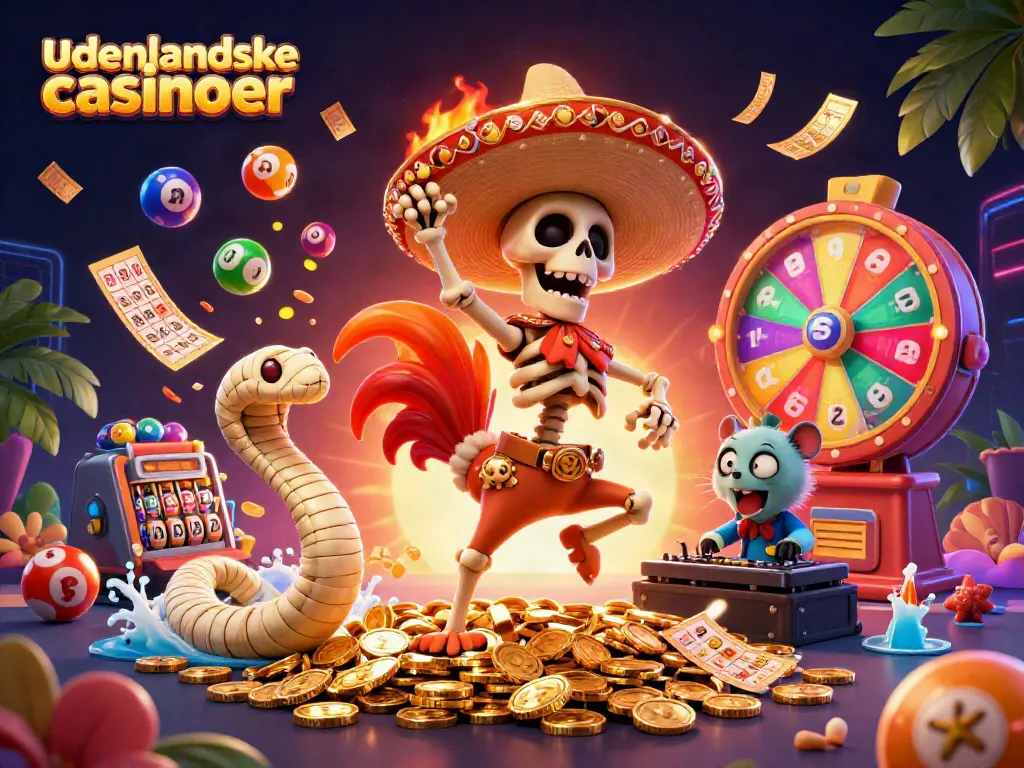 Win big at udenlandske casinoer with vibrant gaming elements and lively characters dancing.