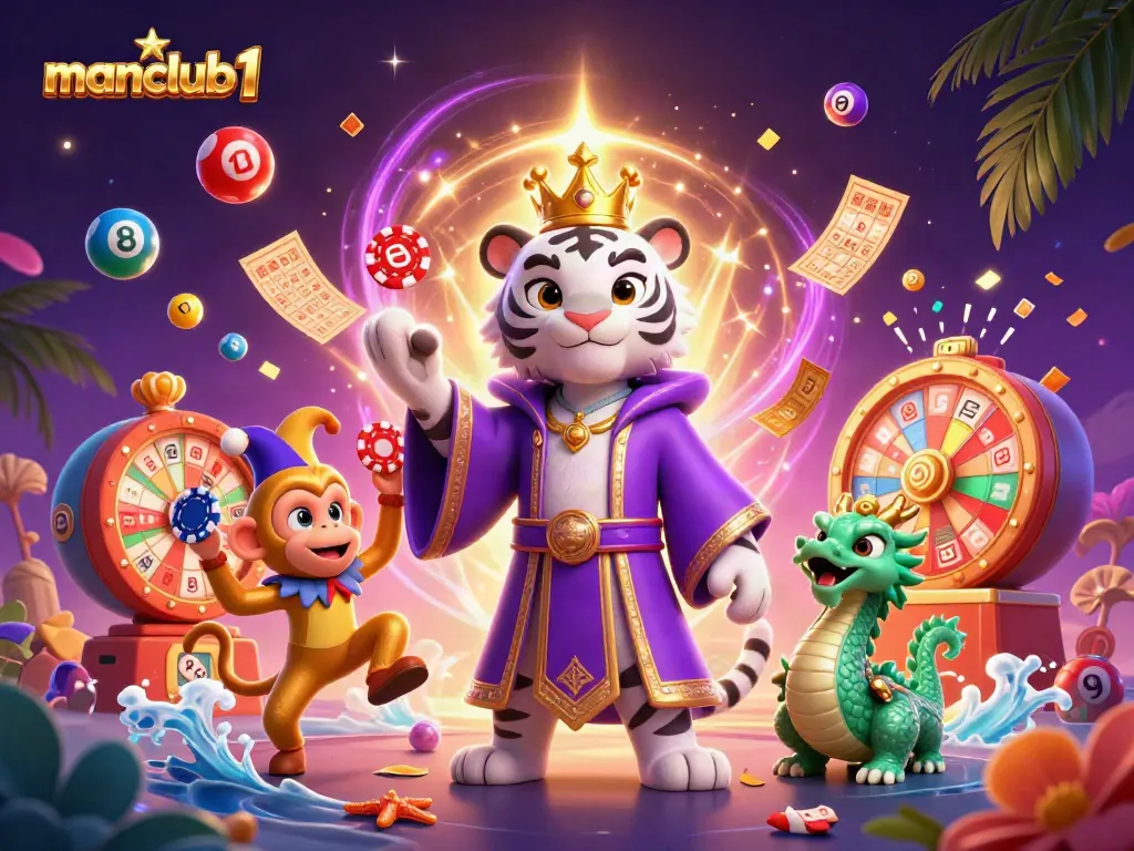 Experience exciting games at manclub1 with vibrant characters and lottery elements in a dynamic casino scene.