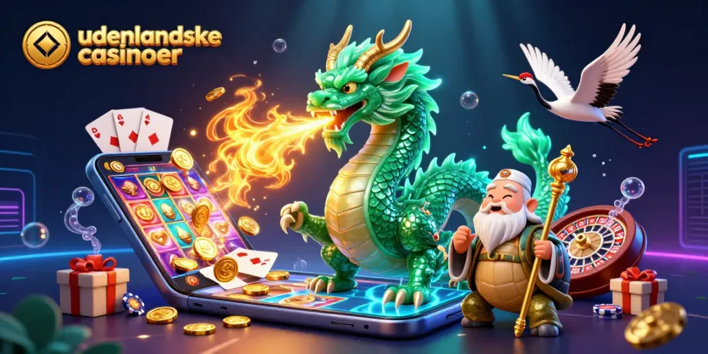 Experience the excitement of udenlandske casinoer with an enchanted dragon and vibrant casino elements.