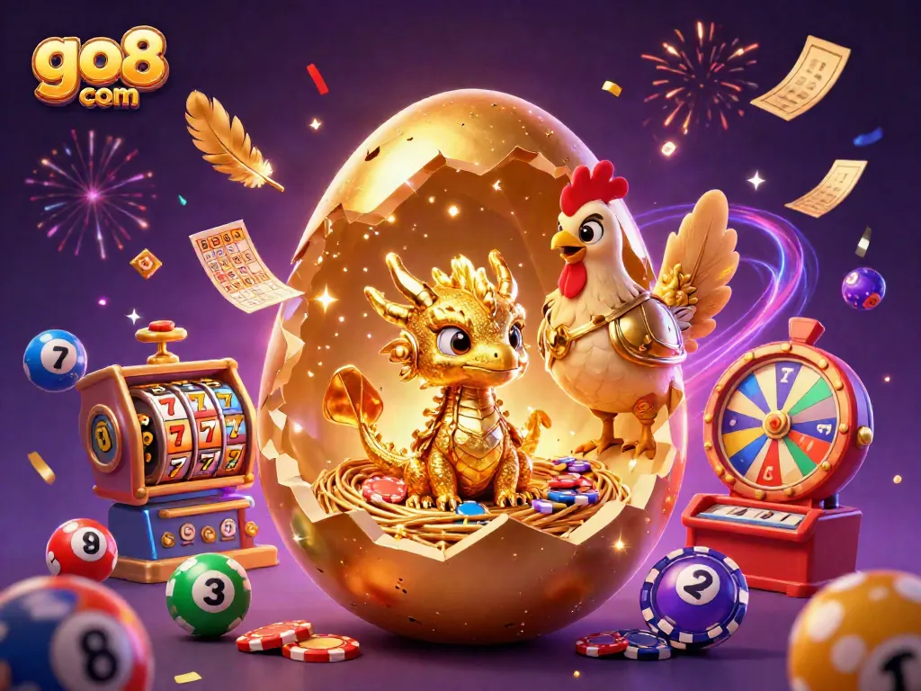 Spin and win with go8 com in this vibrant golden casino scene showcasing excitement and rewards.