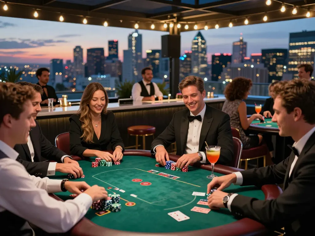 Nohu rooftop casino experience with players engaged in high-stakes poker under city skyline lights.
