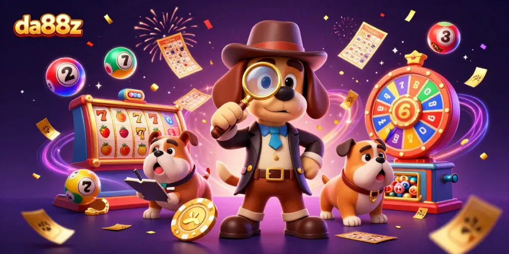 Join the excitement at da88z as a detective uncovers a winning poker chip clue amidst colorful casino elements.