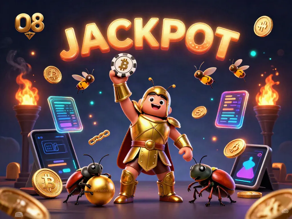 O8's 3D beetle champions celebrate jackpot wins amidst crypto-themed casino elements