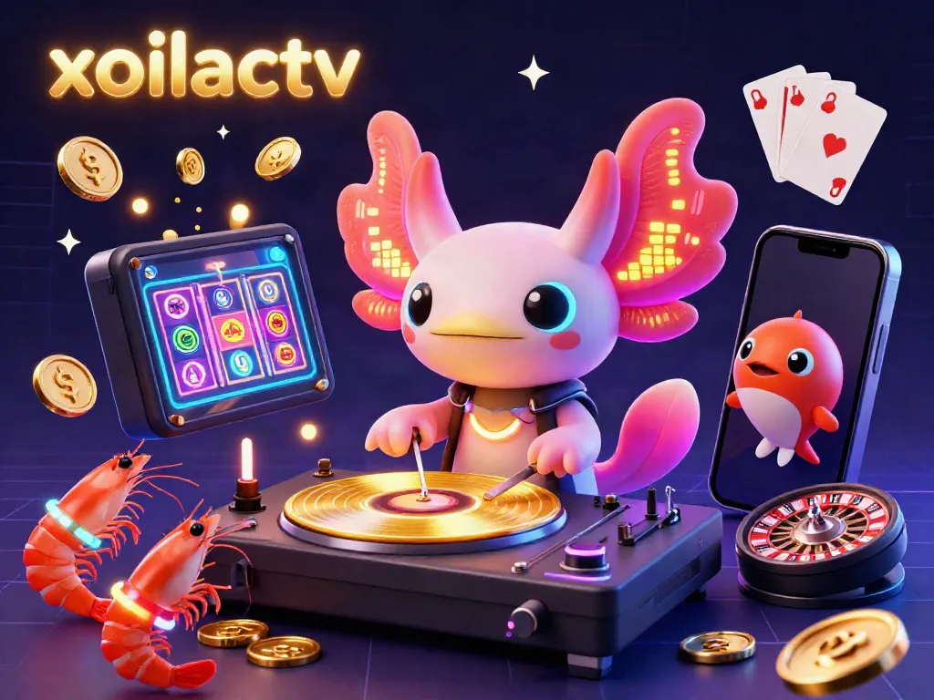 Xoilactv immerses viewers in vibrant casino fun with an animated axolotl DJ and lively shrimp, showcasing slot game excitement.