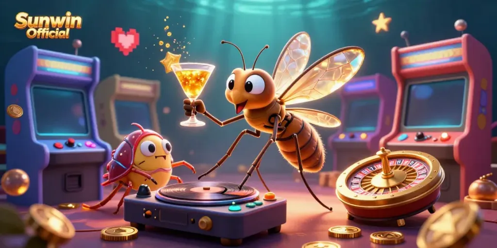 Experience thrilling games with Sunwin Official as a cartoon mosquito mascot, vibrant casino elements, and a lively atmosphere.
