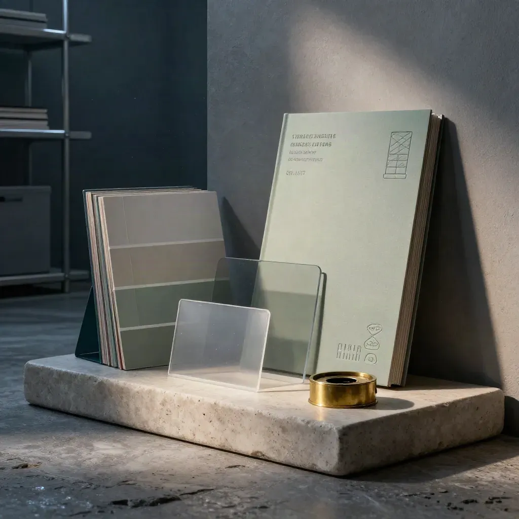 Monumentale merkstudio met auditboards, swatches en een messing papiergewicht in sfeervol licht
