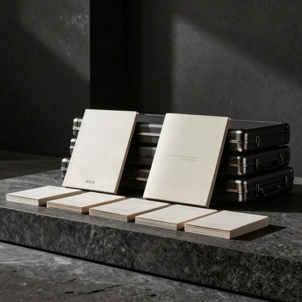 Donkere stenen sokkel met launch kit, deckcases, boekje en market-fit cards in dramatisch licht