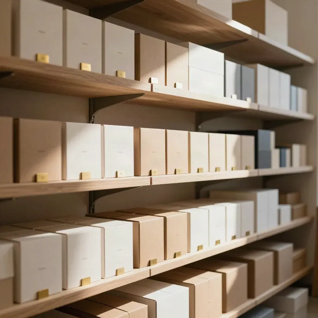 Geordende webshopplanken met productdozen en verzenddozen in warm daglicht.