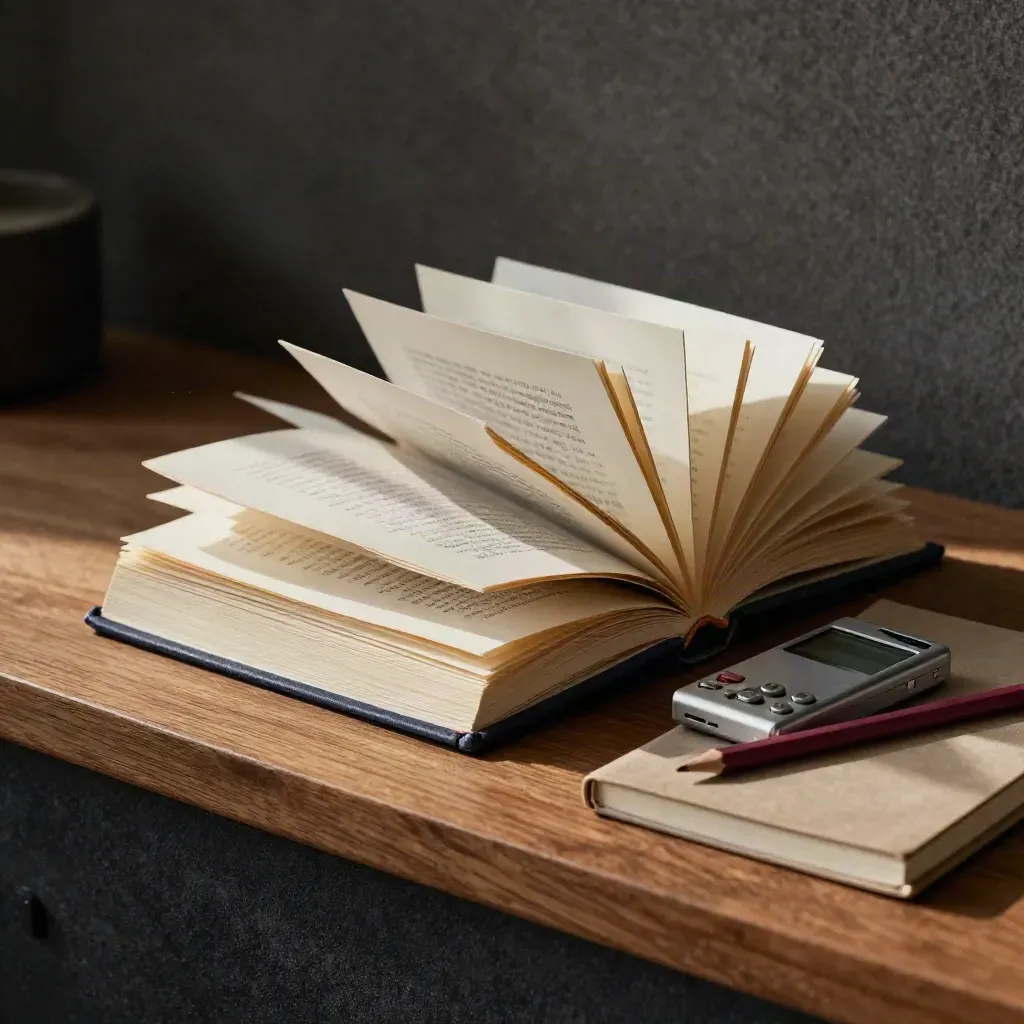 Gidsboek voor tone of voice naast recorder, potlood en gesloten notitieboek op een houten plank.