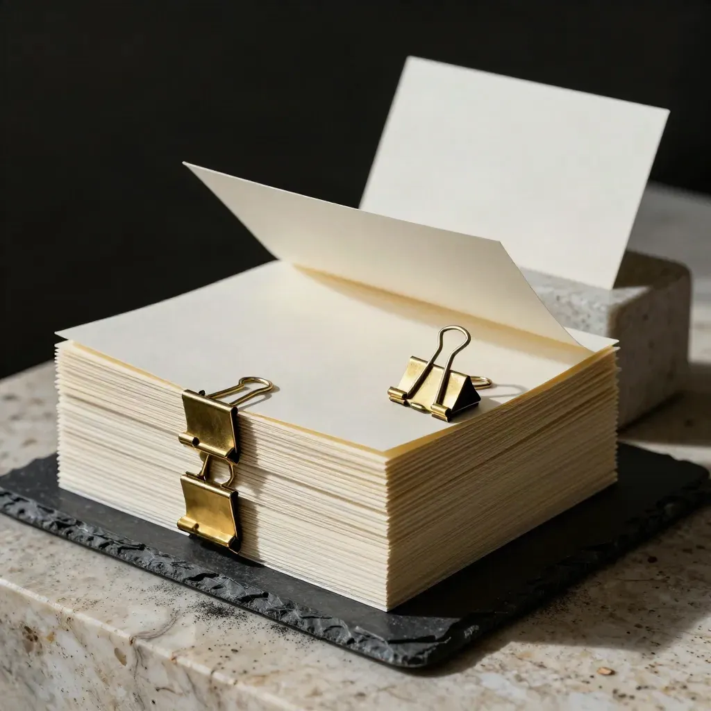 Dramatische still life met indexkaarten, messing clips, kalkpapier en een steengewicht op travertijn.