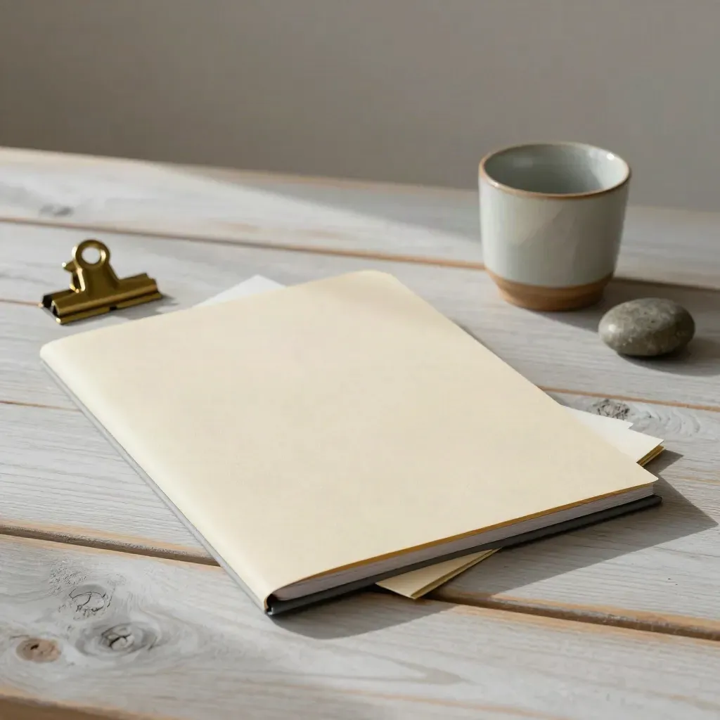 Briefingmap, intakekaart, kopjesring en brass clip op licht hout.