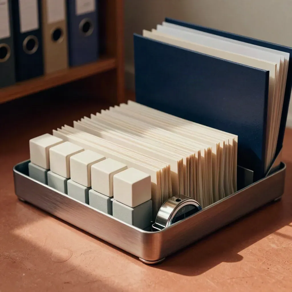Projecttray met kabelclips, mappen, statusblokken en een metalen timer in zacht daglicht.
