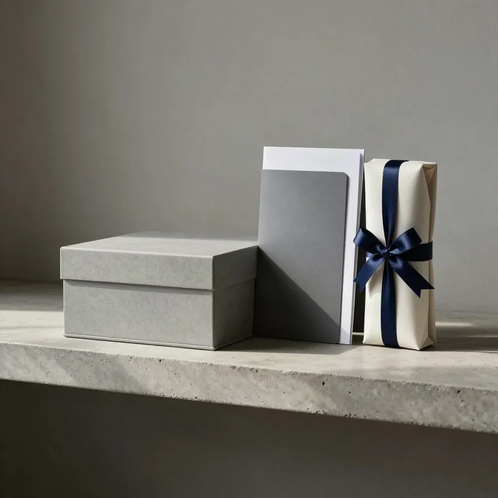 Gesloten presentatiebox met map en pakket op een stenen plank, strak en premium.