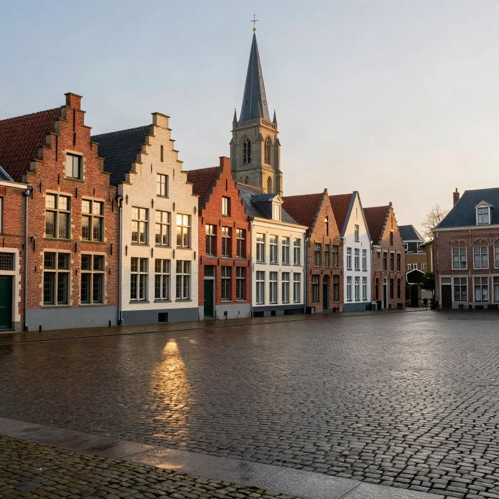 Brabantse bakstenen gevels en een kerktoren boven een stille natte pleinruimte in gouden avondlicht