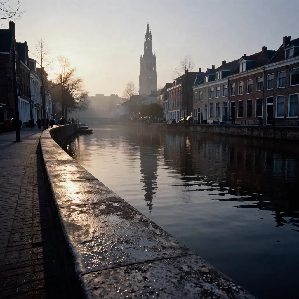 Oudegracht in Utrecht bij mistige schemering, met rustige waterpartij en torensilhouet hoog
