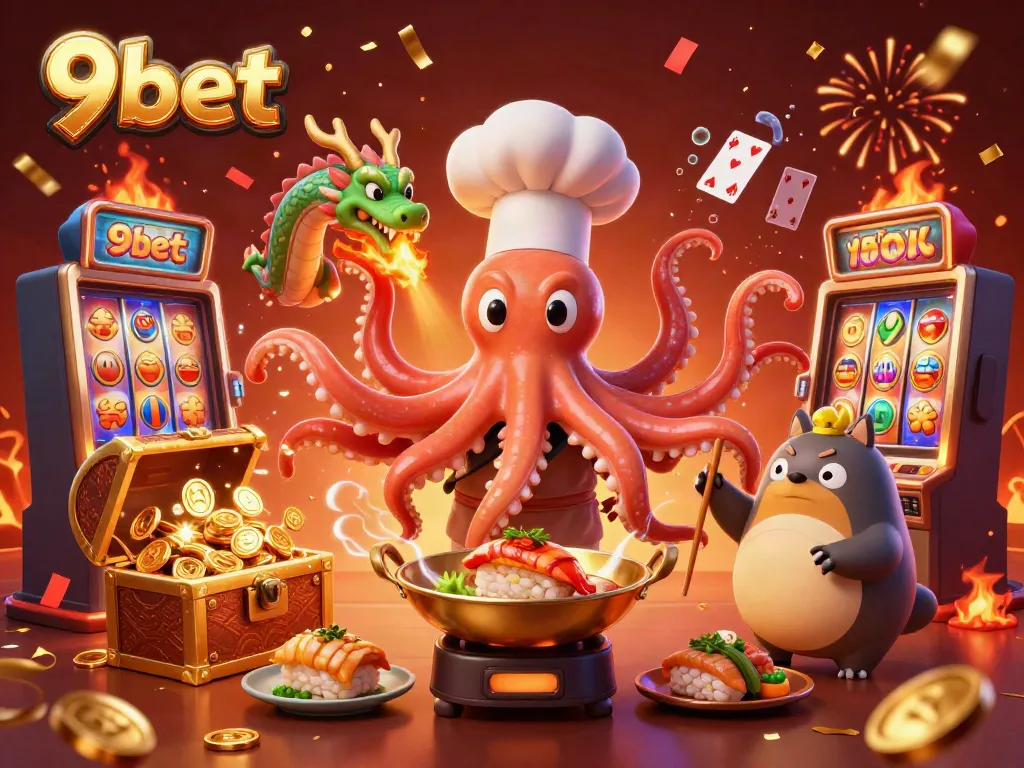 Join the fun at 9bet with this vibrant, lively casino scene featuring an octopus chef, dragon, and animated gameplay.