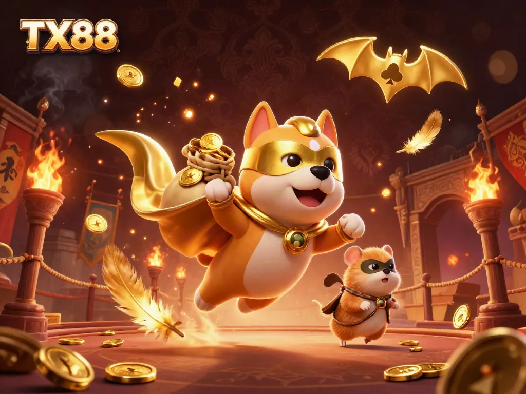 Experience excitement with TX88's vibrant casino adventure featuring a superhero dog and thrilling game elements.